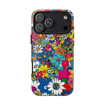 Retro Flowers phone case featuring a vibrant collage of colorful floral illustrations in a playful vintage-inspired design, celebrating creativity, joy, and timeless flower power style.