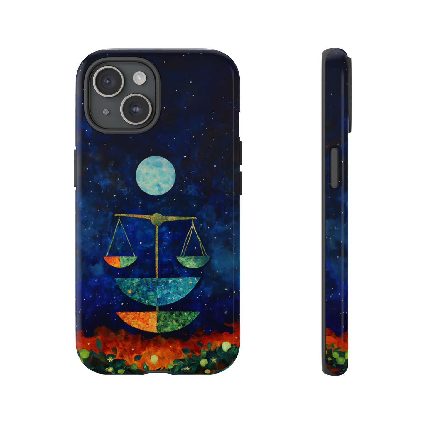 Libra zodiac phone case featuring elegant celestial scales beneath a glowing moon in a star-filled night sky, capturing the balanced and harmonious spirit of Libra.