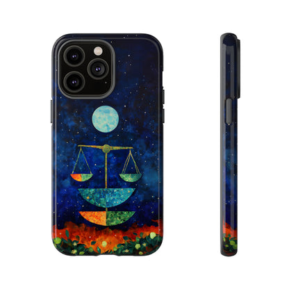 Libra zodiac phone case featuring elegant celestial scales beneath a glowing moon in a star-filled night sky, capturing the balanced and harmonious spirit of Libra.