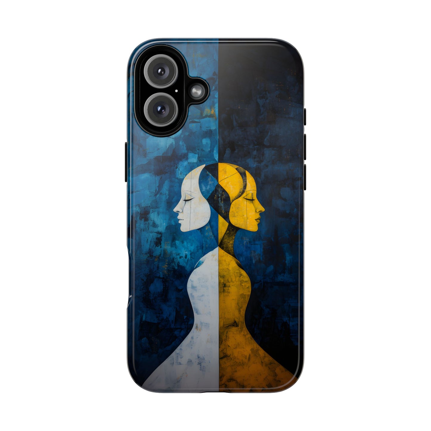 Gemini zodiac phone case featuring stylized twin figures rendered in gold and ivory against a richly textured midnight blue background, symbolizing the dual nature of Gemini.