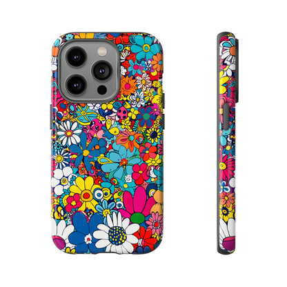 Retro Flowers phone case featuring a vibrant collage of colorful floral illustrations in a playful vintage-inspired design, celebrating creativity, joy, and timeless flower power style.
