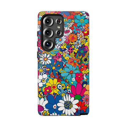 Retro Flowers phone case featuring a vibrant collage of colorful floral illustrations in a playful vintage-inspired design, celebrating creativity, joy, and timeless flower power style.