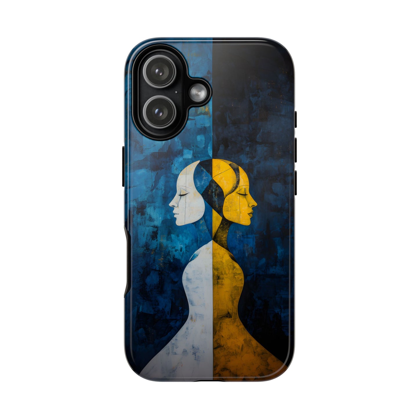Gemini zodiac phone case featuring stylized twin figures rendered in gold and ivory against a richly textured midnight blue background, symbolizing the dual nature of Gemini.