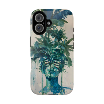 Deceitful Palms phone case featuring a surreal teal portrait partially concealed by lush tropical palm leaves, blending botanical imagery with abstract expression to symbolize hidden truths, perception, and mystery.