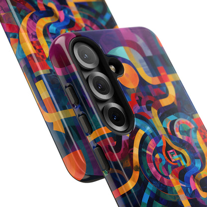Abstract Portal phone case featuring colorful interwoven curves, concentric circles, and vibrant geometric artwork in blue, purple, orange, pink, and teal.
