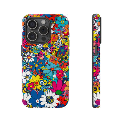 Retro Flowers phone case featuring a vibrant collage of colorful floral illustrations in a playful vintage-inspired design, celebrating creativity, joy, and timeless flower power style.