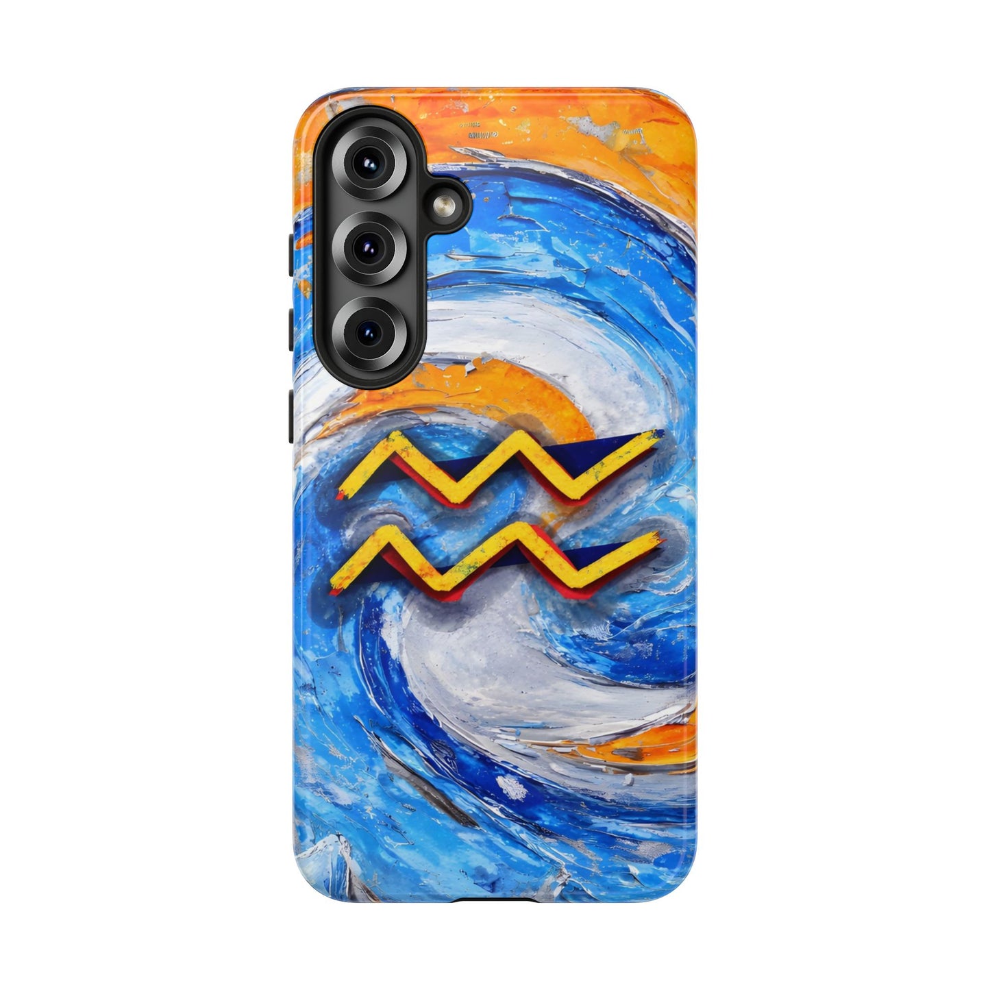 Aquarius zodiac phone case featuring vibrant blue swirling artwork, orange accents, and a bold Aquarius symbol on a protective glossy phone case.