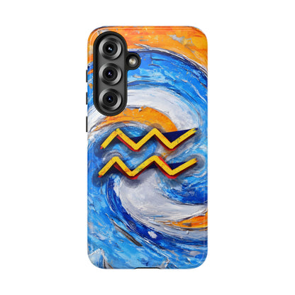 Aquarius zodiac phone case featuring vibrant blue swirling artwork, orange accents, and a bold Aquarius symbol on a protective glossy phone case.