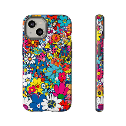 Retro Flowers phone case featuring a vibrant collage of colorful floral illustrations in a playful vintage-inspired design, celebrating creativity, joy, and timeless flower power style.