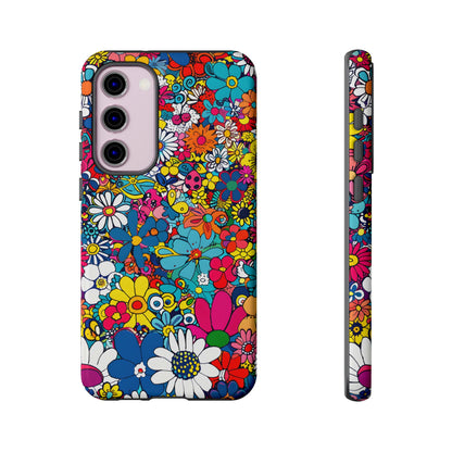 Retro Flowers phone case featuring a vibrant collage of colorful floral illustrations in a playful vintage-inspired design, celebrating creativity, joy, and timeless flower power style.