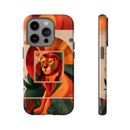 Vibrant Leo zodiac phone case featuring a majestic geometric lion surrounded by warm orange and red hues, capturing the bold, confident spirit of the Leo star sign.