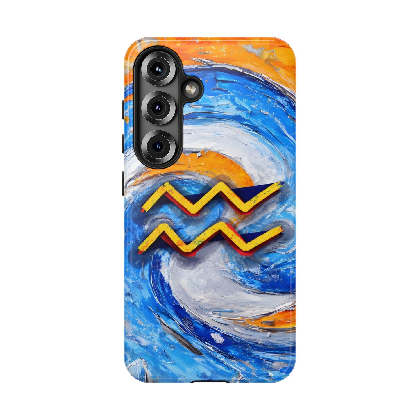 Aquarius zodiac phone case featuring vibrant blue swirling artwork, orange accents, and a bold Aquarius symbol on a protective glossy phone case.