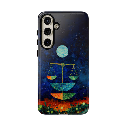 Libra zodiac phone case featuring elegant celestial scales beneath a glowing moon in a star-filled night sky, capturing the balanced and harmonious spirit of Libra.