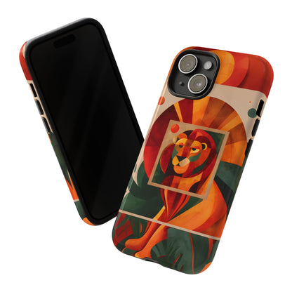 Vibrant Leo zodiac phone case featuring a majestic geometric lion surrounded by warm orange and red hues, capturing the bold, confident spirit of the Leo star sign.