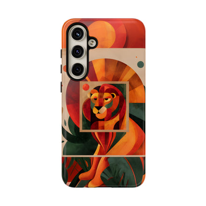 Vibrant Leo zodiac phone case featuring a majestic geometric lion surrounded by warm orange and red hues, capturing the bold, confident spirit of the Leo star sign.