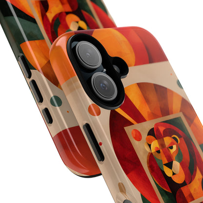 Vibrant Leo zodiac phone case featuring a majestic geometric lion surrounded by warm orange and red hues, capturing the bold, confident spirit of the Leo star sign.