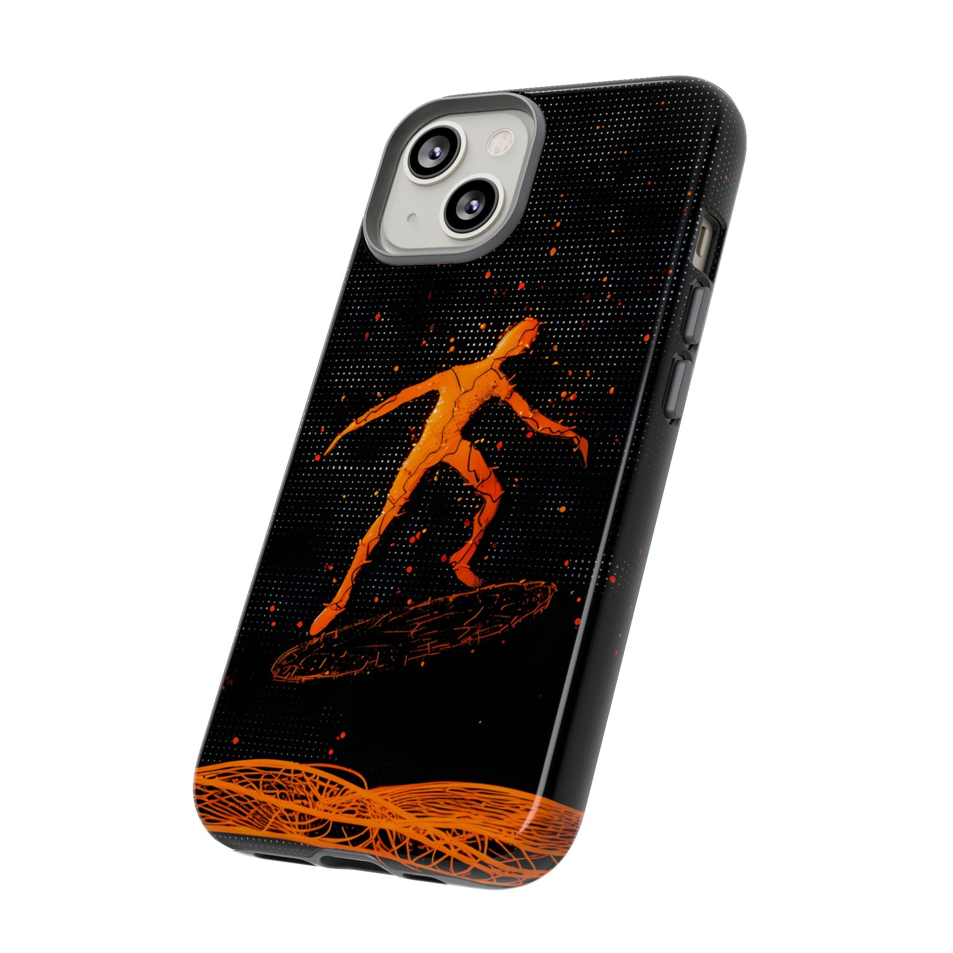 Solar Surfer phone case featuring a glowing orange surfer riding an abstract wave against a black star-filled background, symbolizing energy, freedom, and cosmic adventure.