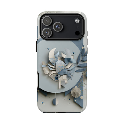 Cancer zodiac phone case featuring a stylized crab design, layered blue-gray artwork, and elegant geometric details on a protective glossy phone case.