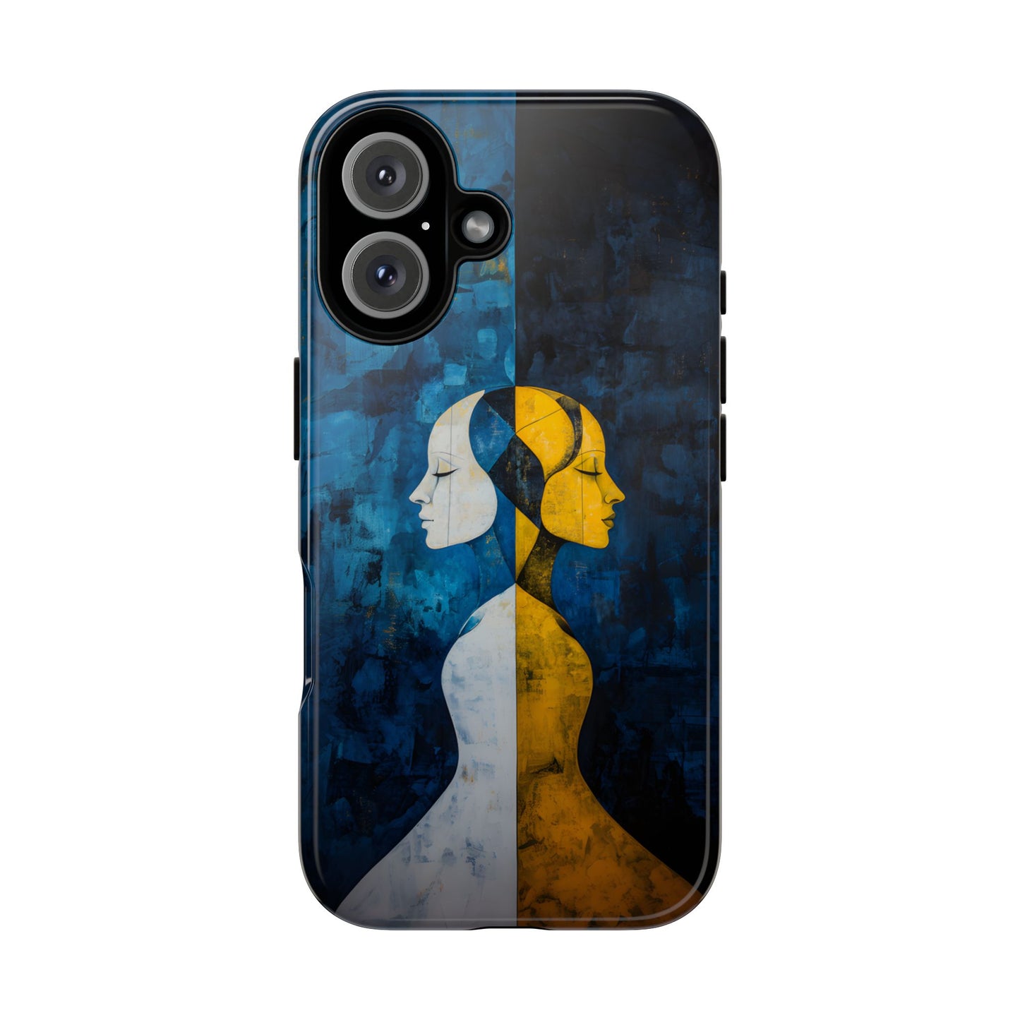 Gemini zodiac phone case featuring stylized twin figures rendered in gold and ivory against a richly textured midnight blue background, symbolizing the dual nature of Gemini.