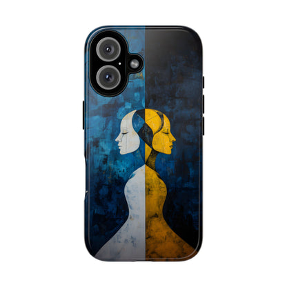 Gemini zodiac phone case featuring stylized twin figures rendered in gold and ivory against a richly textured midnight blue background, symbolizing the dual nature of Gemini.