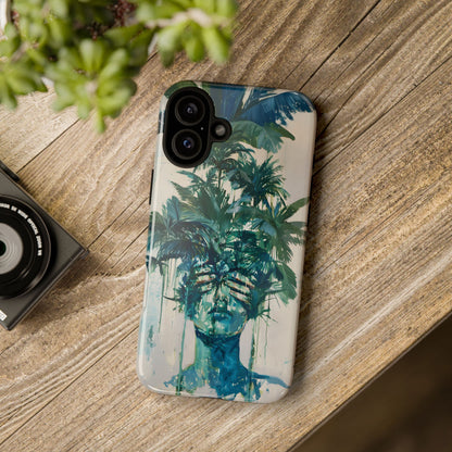 Deceitful Palms phone case featuring a surreal teal portrait partially concealed by lush tropical palm leaves, blending botanical imagery with abstract expression to symbolize hidden truths, perception, and mystery.