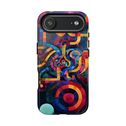 Abstract Portal phone case featuring colorful interwoven curves, concentric circles, and vibrant geometric artwork in blue, purple, orange, pink, and teal.