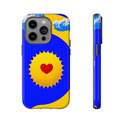 Sunshine Heart tough phone case — yellow sun with red heart on vibrant blue and yellow background by Expressive Phone Cases