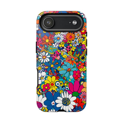 Retro Flowers phone case featuring a vibrant collage of colorful floral illustrations in a playful vintage-inspired design, celebrating creativity, joy, and timeless flower power style.