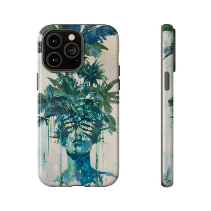Deceitful Palms phone case featuring a surreal teal portrait partially concealed by lush tropical palm leaves, blending botanical imagery with abstract expression to symbolize hidden truths, perception, and mystery.