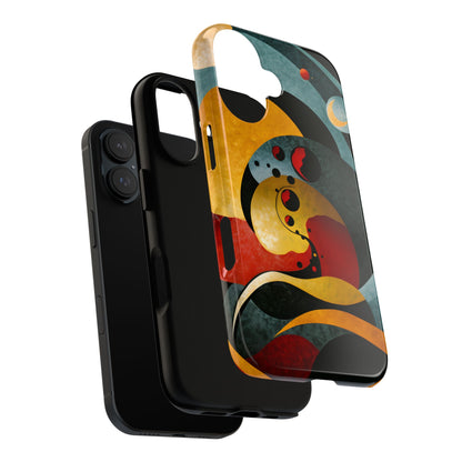 Molecular Moons phone case featuring abstract celestial spheres and flowing geometric forms in deep blue, gold, red, and black tones, evoking cosmic motion, mystery, and exploration.