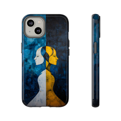 Gemini zodiac phone case featuring stylized twin figures rendered in gold and ivory against a richly textured midnight blue background, symbolizing the dual nature of Gemini.