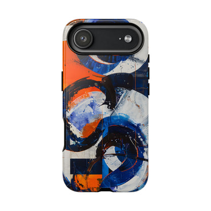 Recipe for Love and Conflict phone case featuring bold blue, orange, white, and black abstract circular forms with expressive brushstrokes and contemporary geometric artwork.