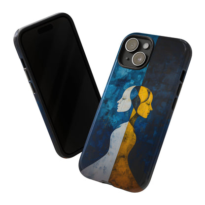 Gemini zodiac phone case featuring stylized twin figures rendered in gold and ivory against a richly textured midnight blue background, symbolizing the dual nature of Gemini.