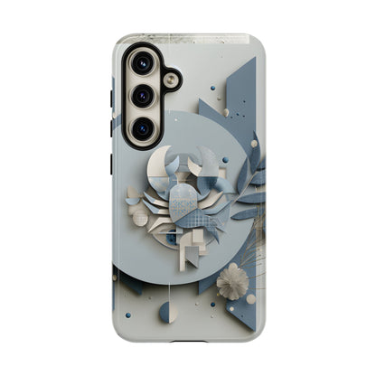 Cancer zodiac phone case featuring a stylized crab design, layered blue-gray artwork, and elegant geometric details on a protective glossy phone case.