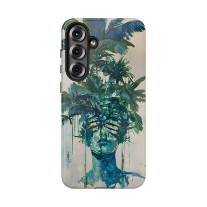 Deceitful Palms phone case featuring a surreal teal portrait partially concealed by lush tropical palm leaves, blending botanical imagery with abstract expression to symbolize hidden truths, perception, and mystery.
