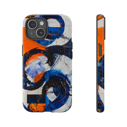 Recipe for Love and Conflict phone case featuring bold blue, orange, white, and black abstract circular forms with expressive brushstrokes and contemporary geometric artwork.