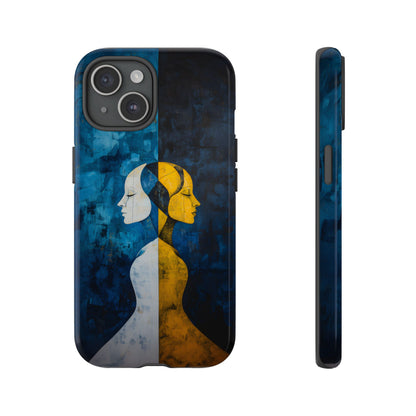 Gemini zodiac phone case featuring stylized twin figures rendered in gold and ivory against a richly textured midnight blue background, symbolizing the dual nature of Gemini.
