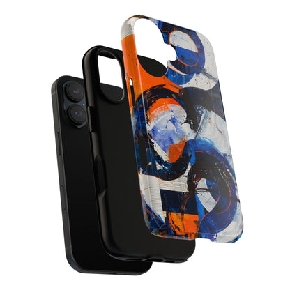 Recipe for Love and Conflict phone case featuring bold blue, orange, white, and black abstract circular forms with expressive brushstrokes and contemporary geometric artwork.