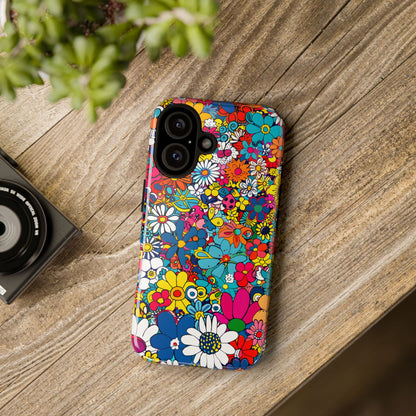 Retro Flowers phone case featuring a vibrant collage of colorful floral illustrations in a playful vintage-inspired design, celebrating creativity, joy, and timeless flower power style.