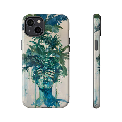 Deceitful Palms phone case featuring a surreal teal portrait partially concealed by lush tropical palm leaves, blending botanical imagery with abstract expression to symbolize hidden truths, perception, and mystery.