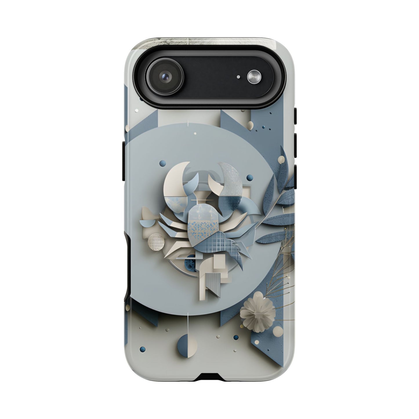 Cancer zodiac phone case featuring a stylized crab design, layered blue-gray artwork, and elegant geometric details on a protective glossy phone case.