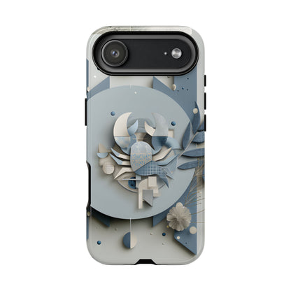Cancer zodiac phone case featuring a stylized crab design, layered blue-gray artwork, and elegant geometric details on a protective glossy phone case.