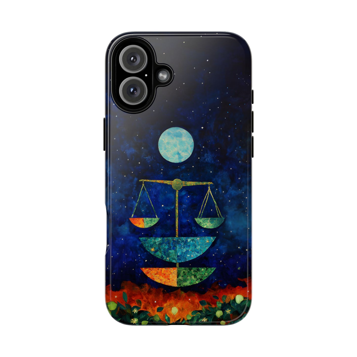 Libra zodiac phone case featuring elegant celestial scales beneath a glowing moon in a star-filled night sky, capturing the balanced and harmonious spirit of Libra.