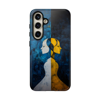 Gemini zodiac phone case featuring stylized twin figures rendered in gold and ivory against a richly textured midnight blue background, symbolizing the dual nature of Gemini.