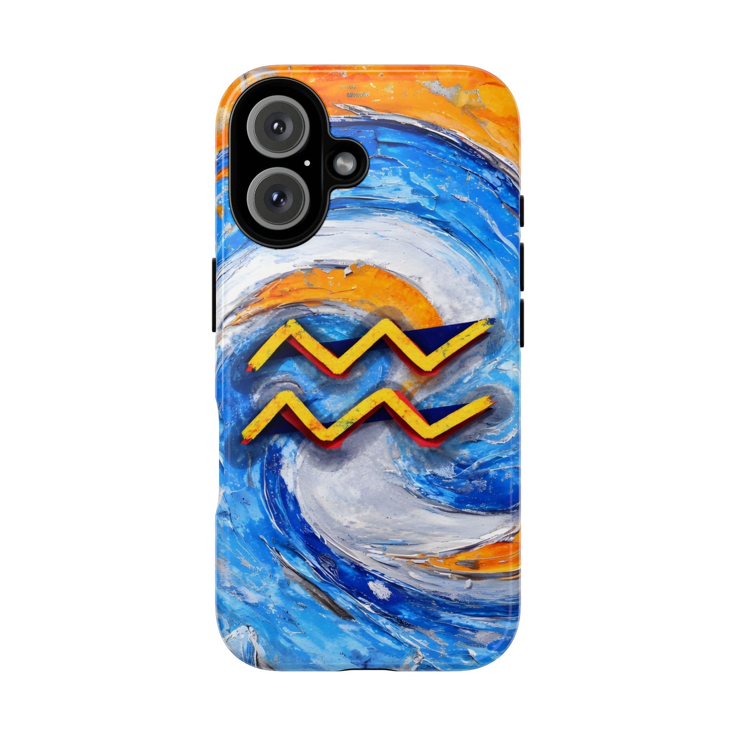 Aquarius zodiac phone case featuring vibrant blue swirling artwork, orange accents, and a bold Aquarius symbol on a protective glossy phone case.