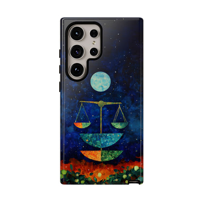 Libra zodiac phone case featuring elegant celestial scales beneath a glowing moon in a star-filled night sky, capturing the balanced and harmonious spirit of Libra.
