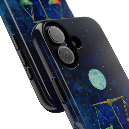 Libra zodiac phone case featuring elegant celestial scales beneath a glowing moon in a star-filled night sky, capturing the balanced and harmonious spirit of Libra.
