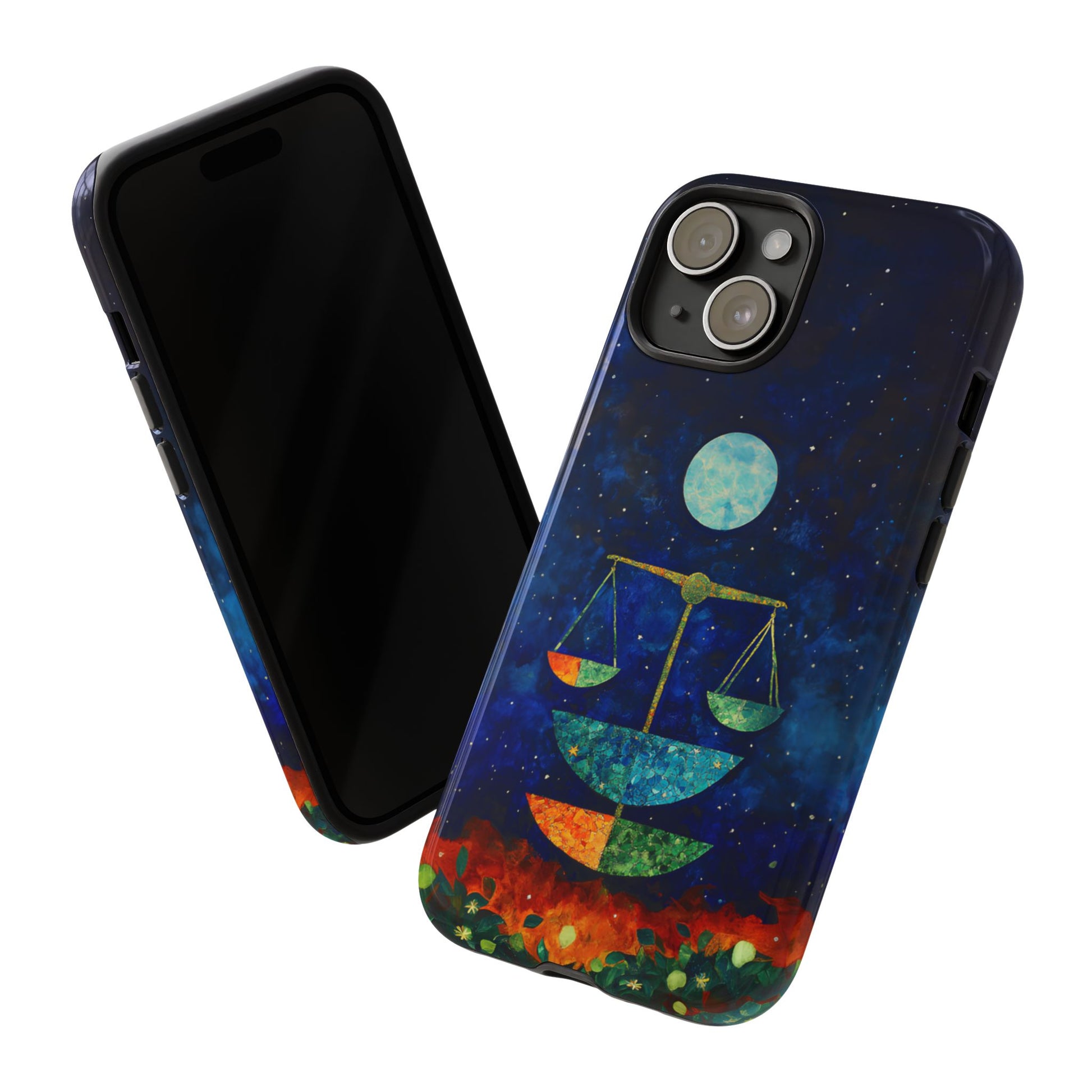 Libra zodiac phone case featuring elegant celestial scales beneath a glowing moon in a star-filled night sky, capturing the balanced and harmonious spirit of Libra.