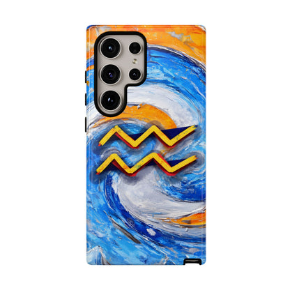 Aquarius zodiac phone case featuring vibrant blue swirling artwork, orange accents, and a bold Aquarius symbol on a protective glossy phone case.