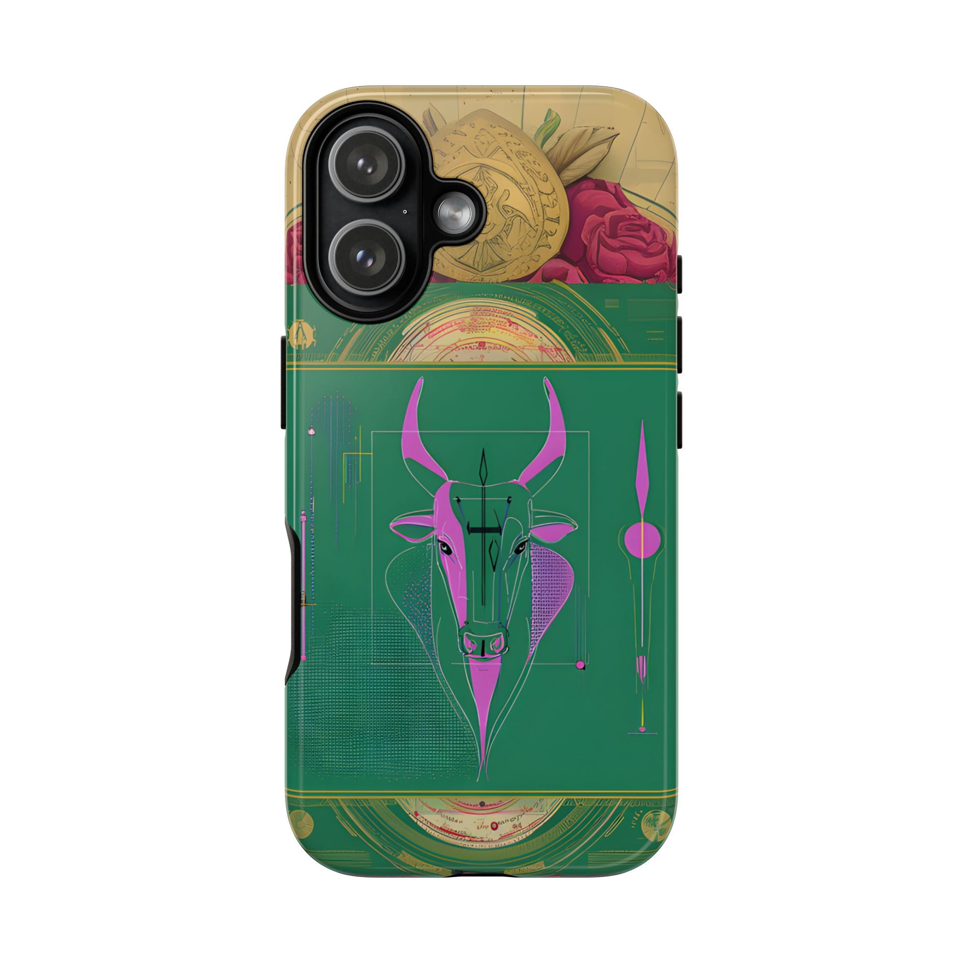 Green Taurus zodiac phone case featuring a modern bull illustration with celestial details, rose accents, and geometric artwork inspired by strength, stability, and determination.